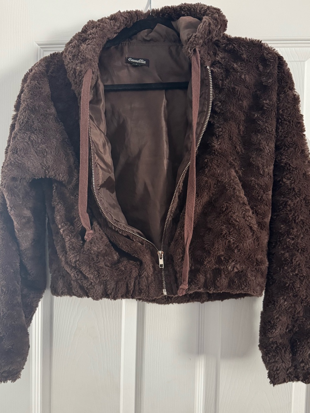 Camellia Brown Faux Fur Cropped Hooded Jacket – Size Small